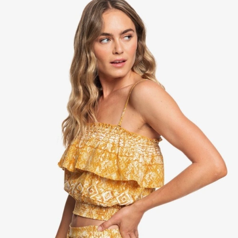 ROXY Ruffle Collier Tube Top in Inca Gold Desert